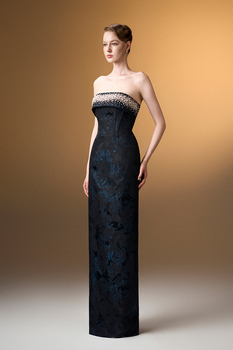 Strapless Ballgown In Black Rose Design Brocade