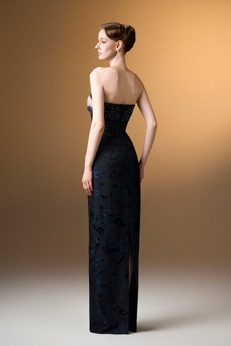 Strapless Ballgown In Black Rose Design Brocade