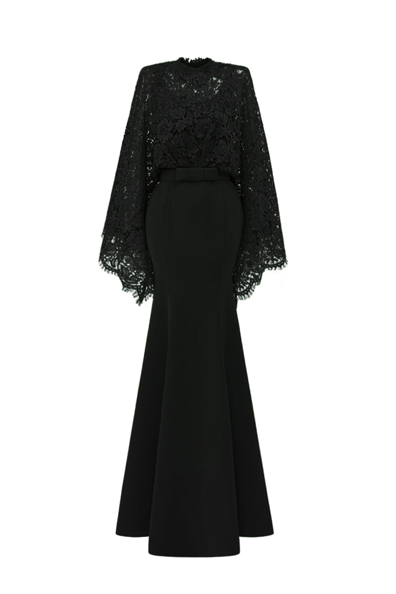 Round Neck Mermaid Gown With Kimono Sleeves In Black Crepe And French Lace