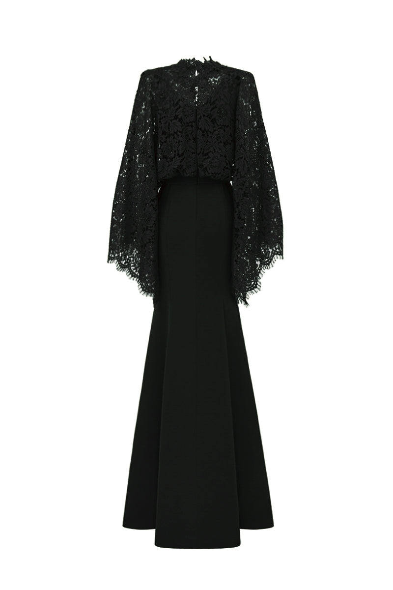 Round Neck Mermaid Gown With Kimono Sleeves In Black Crepe And French Lace