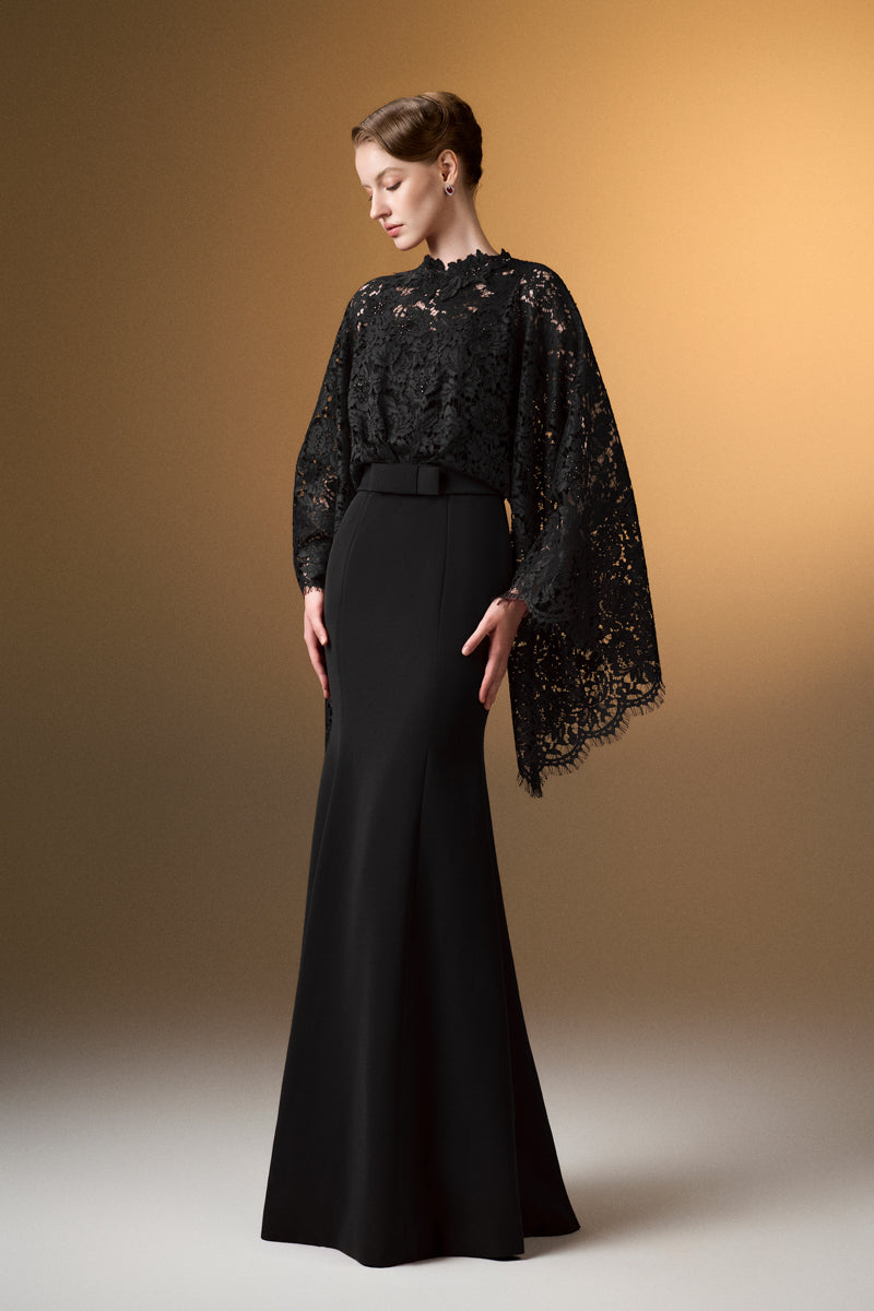 Round Neck Mermaid Gown With Kimono Sleeves In Black Crepe And French Lace