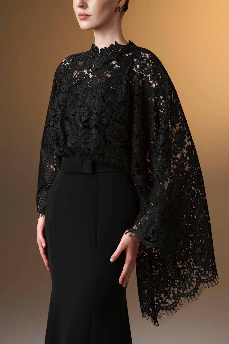 Round Neck Mermaid Gown With Kimono Sleeves In Black Crepe And French Lace