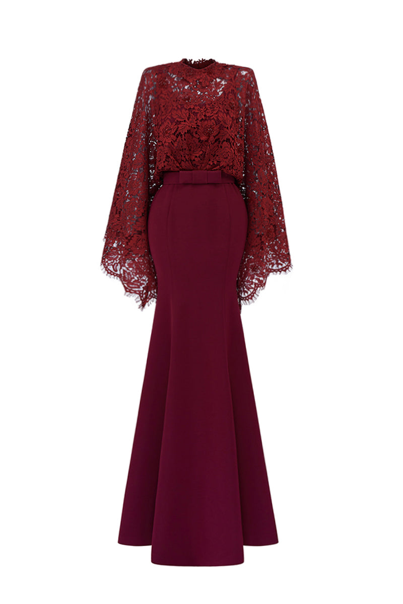 Round Neck Mermaid Gown With Kimono Sleeves In Dark Red Crepe And French Lace