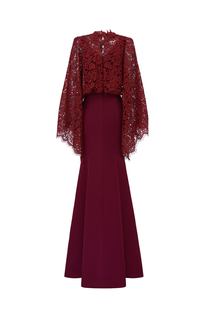 Round Neck Mermaid Gown With Kimono Sleeves In Dark Red Crepe And French Lace