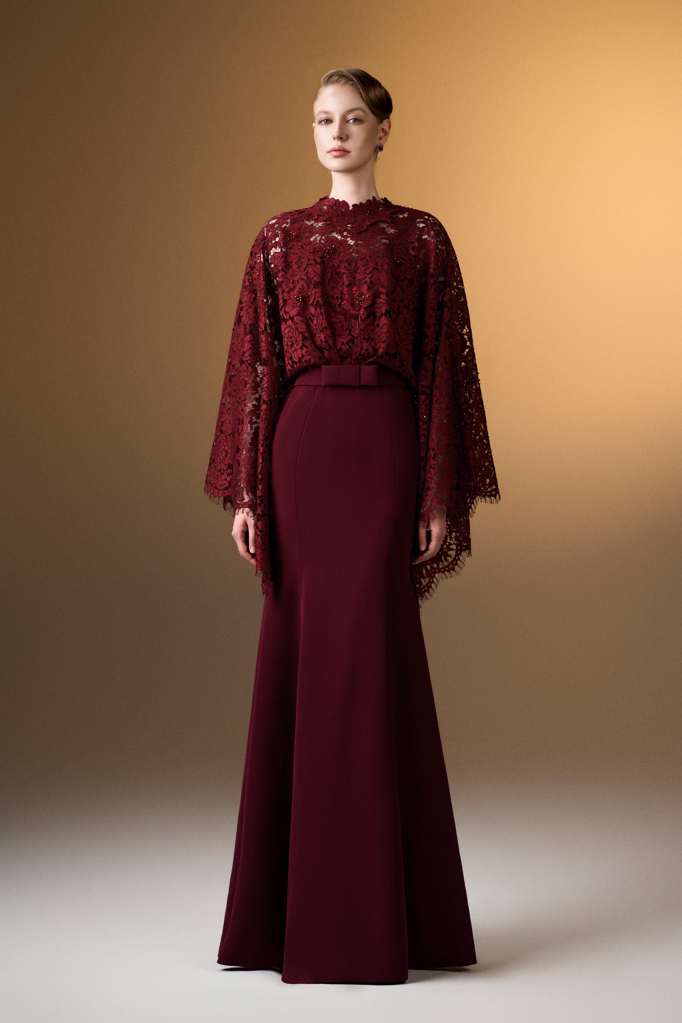 Round Neck Mermaid Gown With Kimono Sleeves In Dark Red Crepe And French Lace