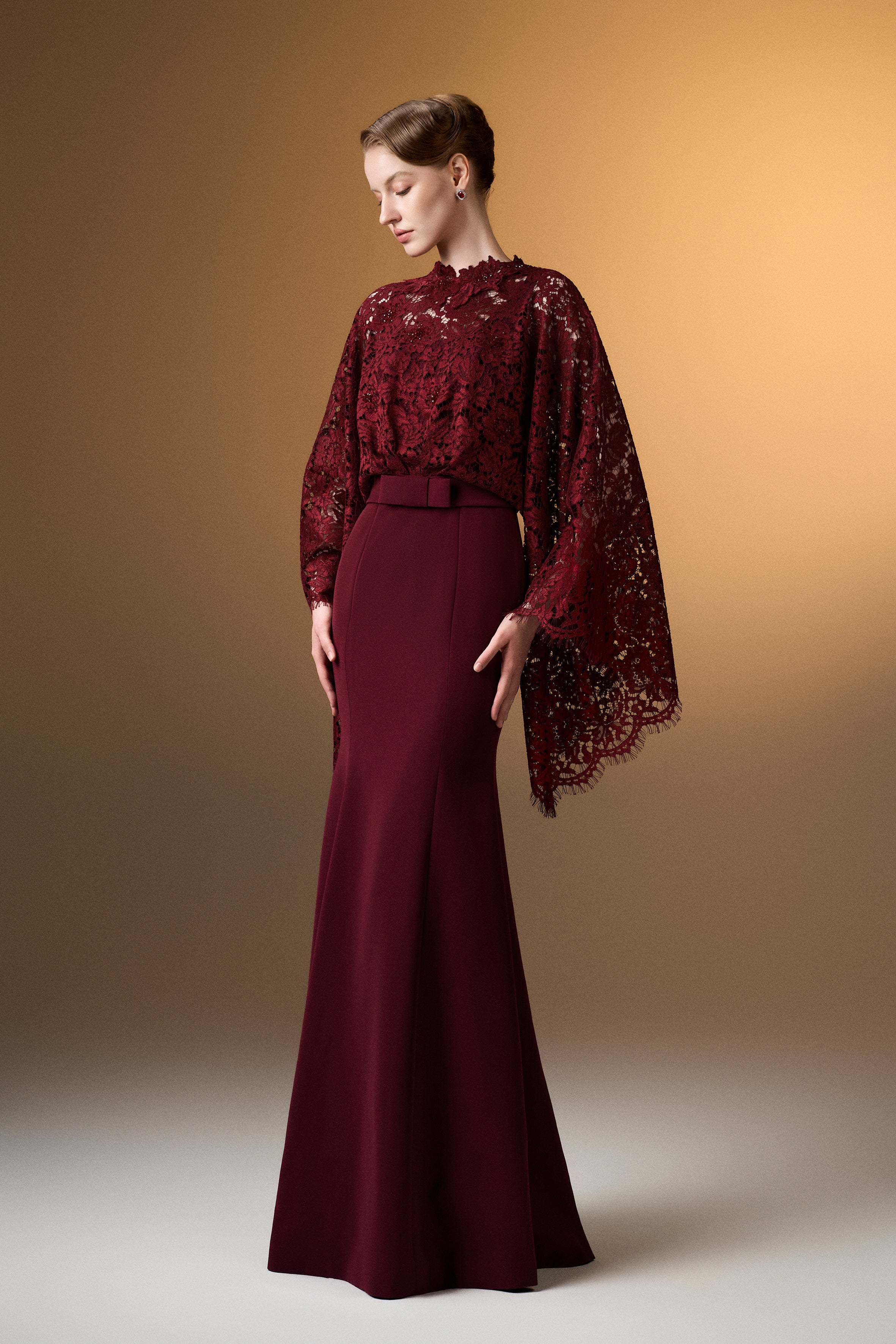 Round Neck Mermaid Gown With Kimono Sleeves In Dark Red Crepe And French Lace