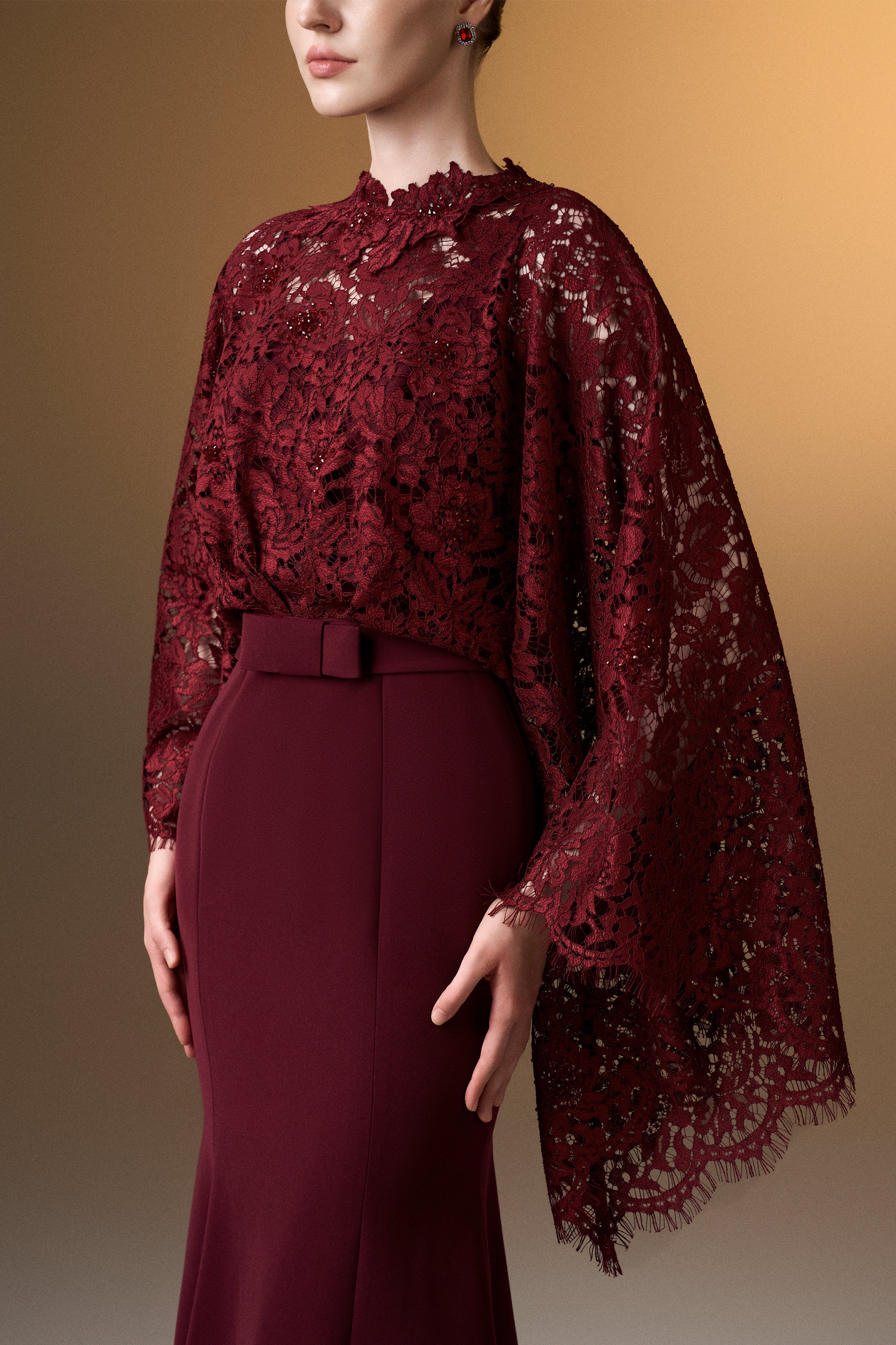 Round Neck Mermaid Gown With Kimono Sleeves In Dark Red Crepe And French Lace