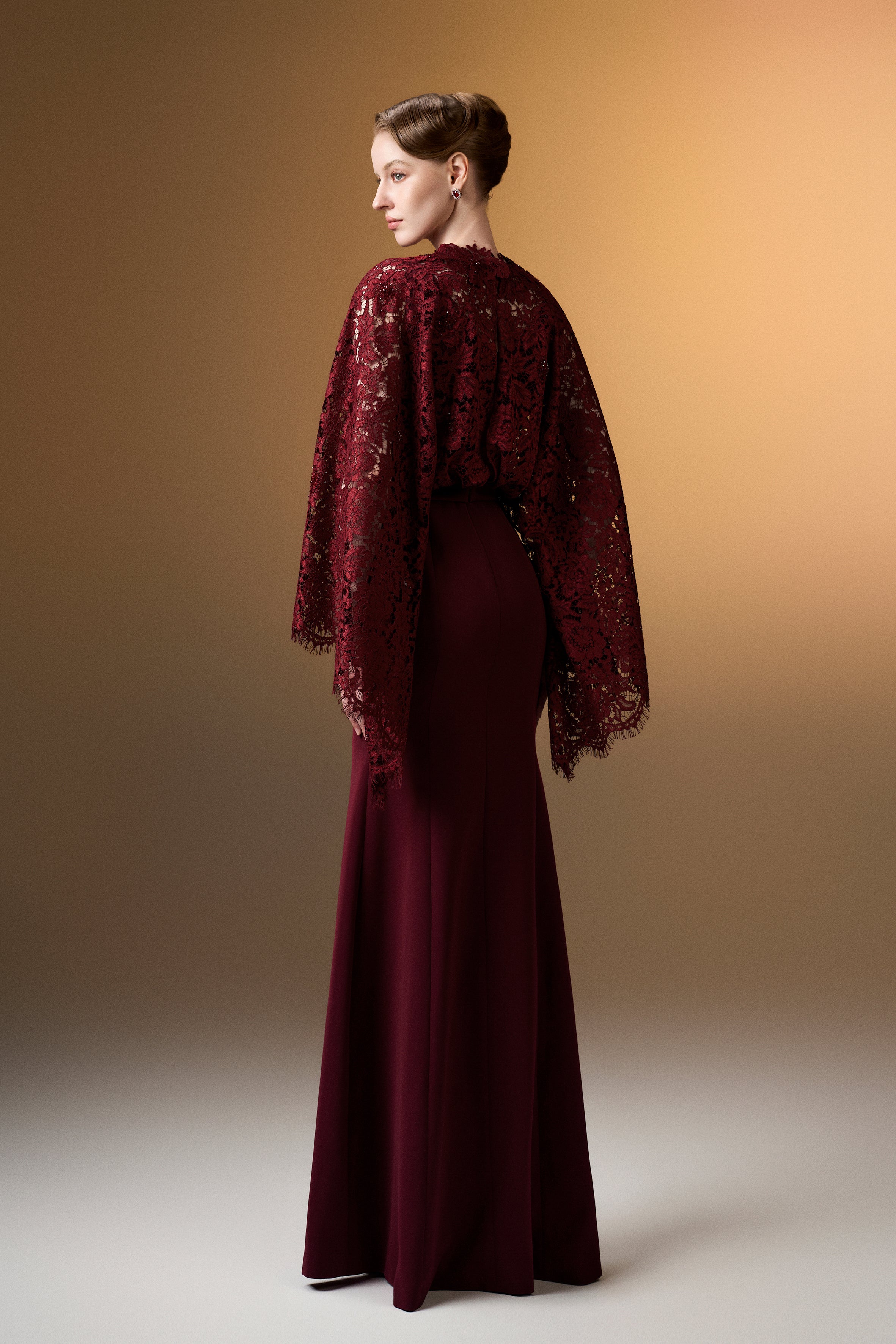 Round Neck Mermaid Gown With Kimono Sleeves In Dark Red Crepe And French Lace