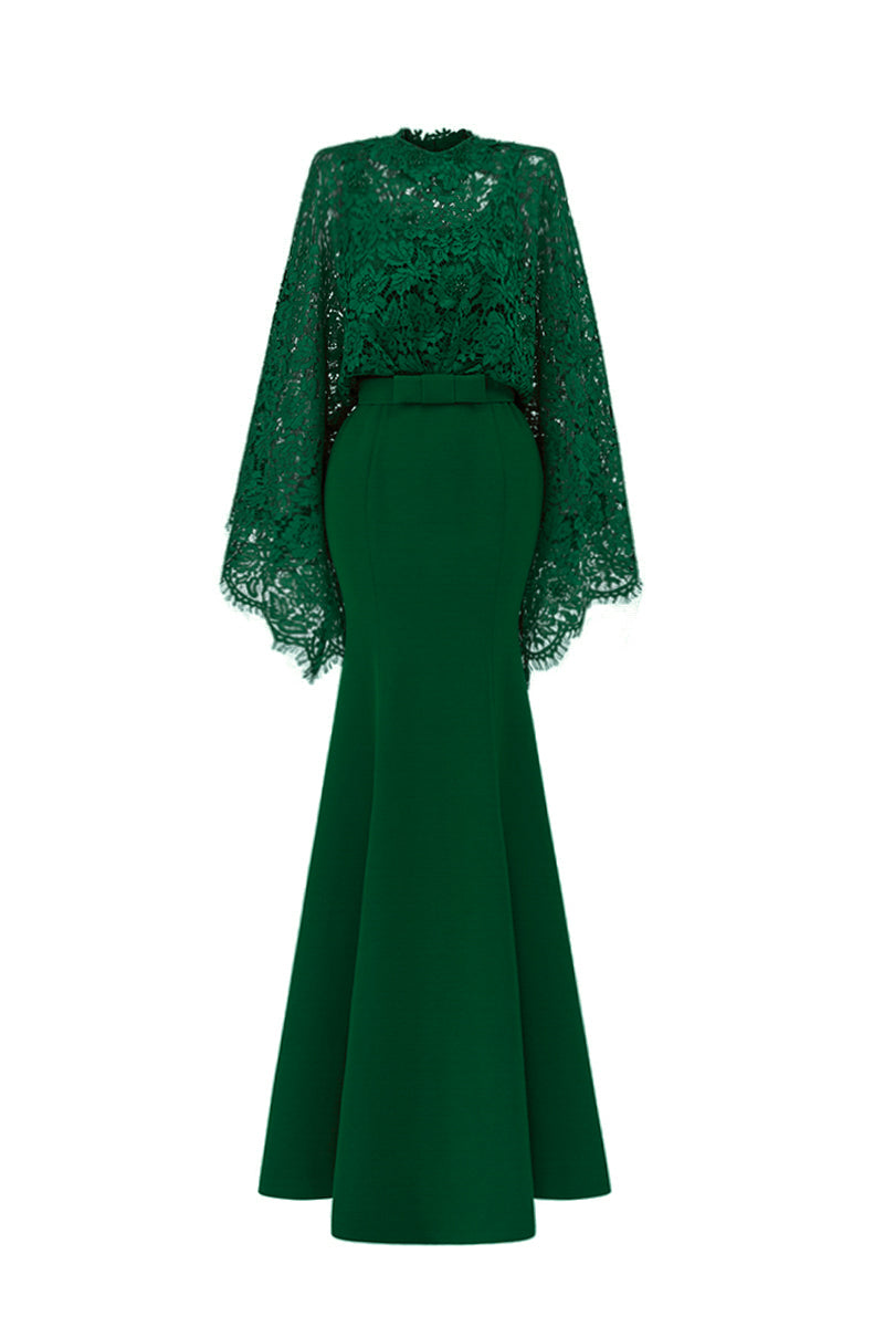 Round Neck Mermaid Gown With Kimono Sleeves In Green Crepe And French Lace