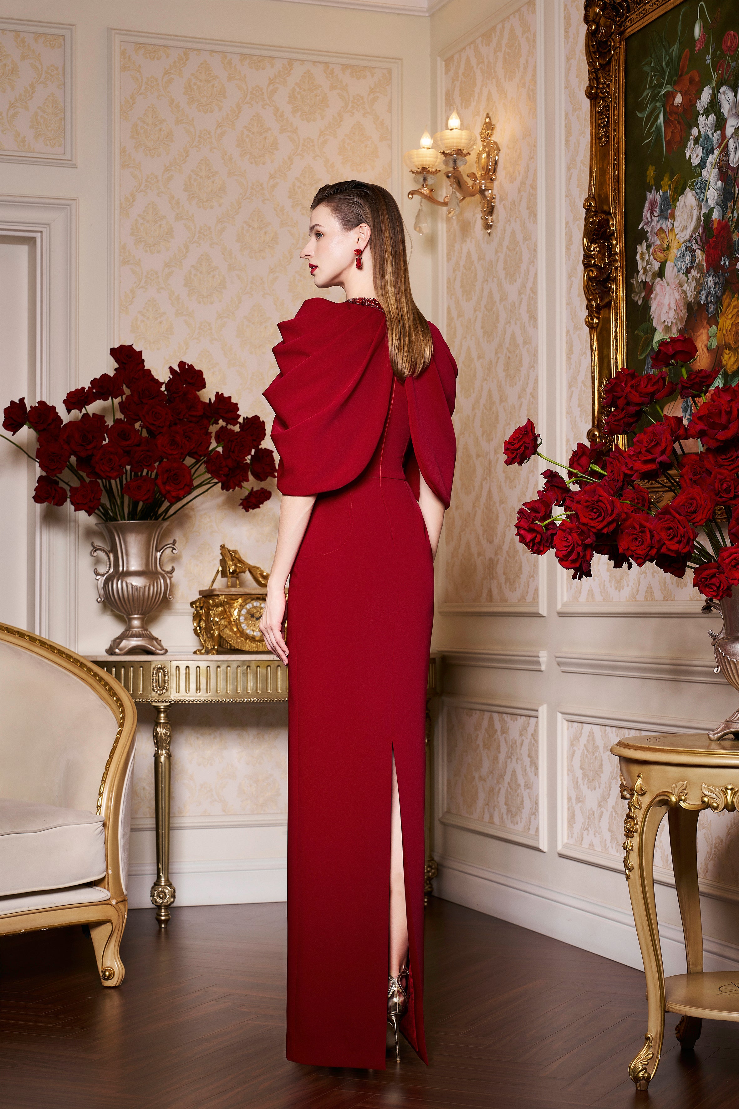 Round Neckline Column Gown With Draped Cape