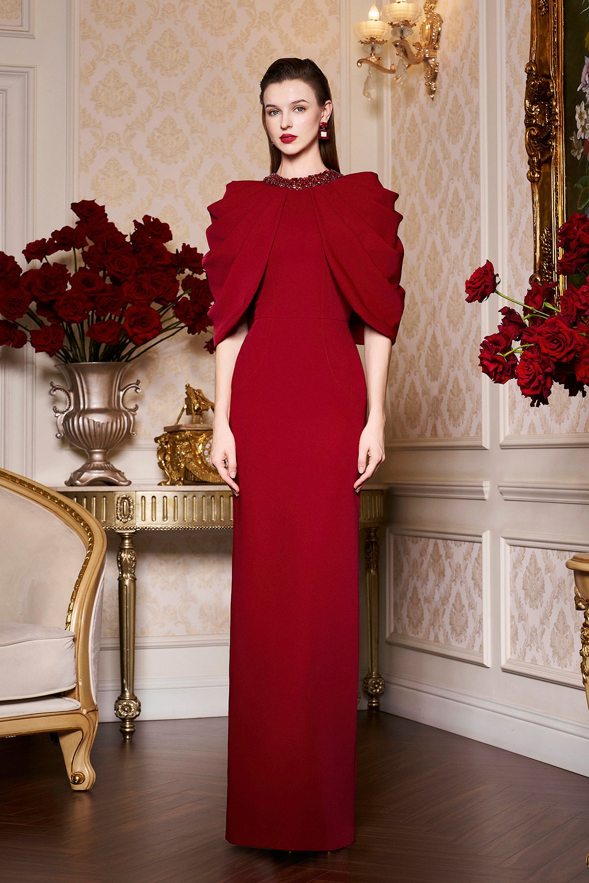 Round Neckline Column Gown With Draped Cape