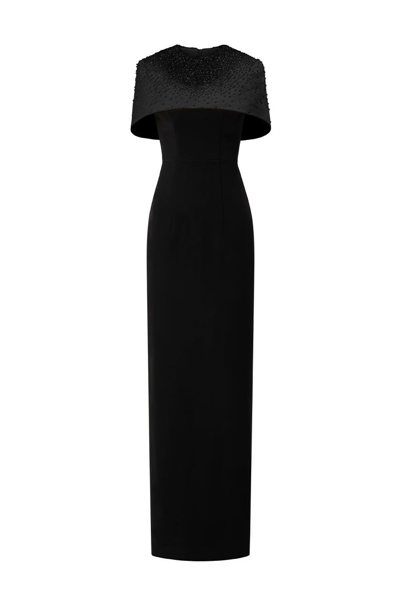 Round Neck Column Gown With Mini Cape In Beige And Black