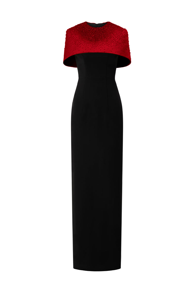 Round Neck Column Gown With Mini Cape In Beige And Black