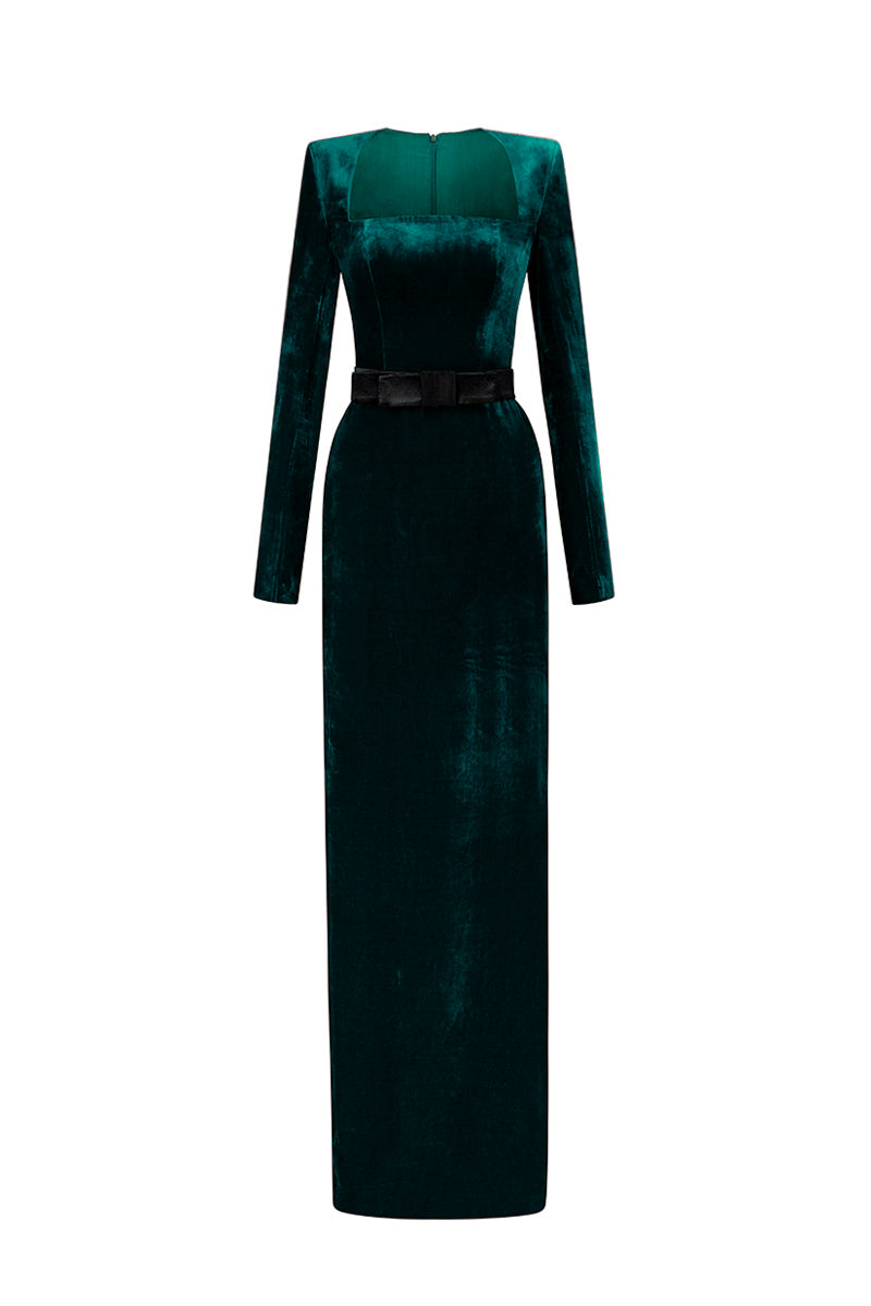 Trapeze Neck Column Gown With Long Sleeves In Dark Green Grain Velvet