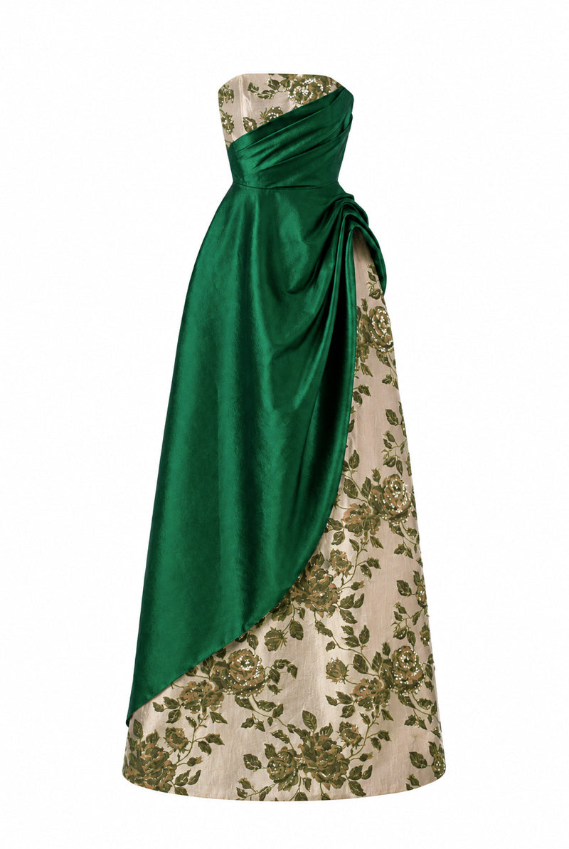 Bustier A-Line Gown With Asymmetric Draped Detail In Green Rose Branch Brocade & Taffeta