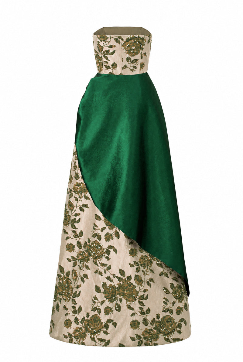 Bustier A-Line Gown With Asymmetric Draped Detail In Green Rose Branch Brocade & Taffeta