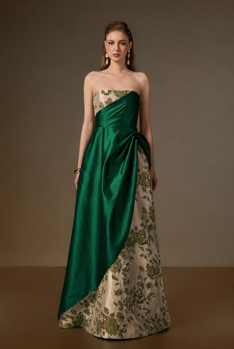 Bustier A-Line Gown With Asymmetric Draped Detail In Green Rose Branch Brocade & Taffeta