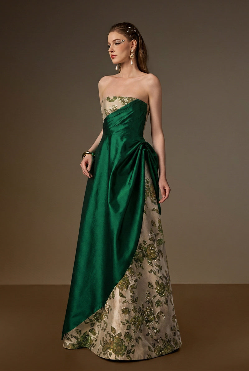 Bustier A-Line Gown With Asymmetric Draped Detail In Green Rose Branch Brocade & Taffeta