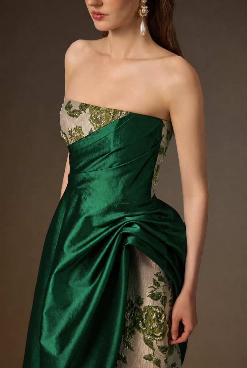 Bustier A-Line Gown With Asymmetric Draped Detail In Green Rose Branch Brocade & Taffeta