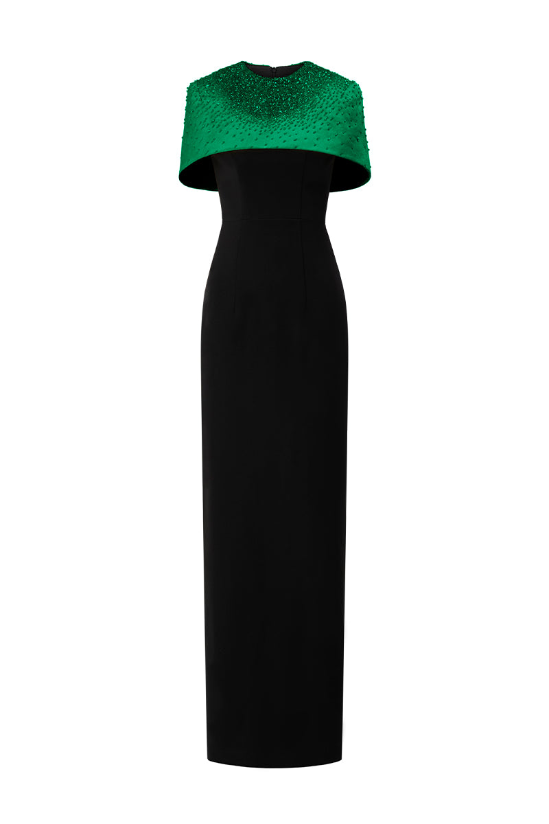 Round Neck Column Gown With Mini Cape In Beige And Black