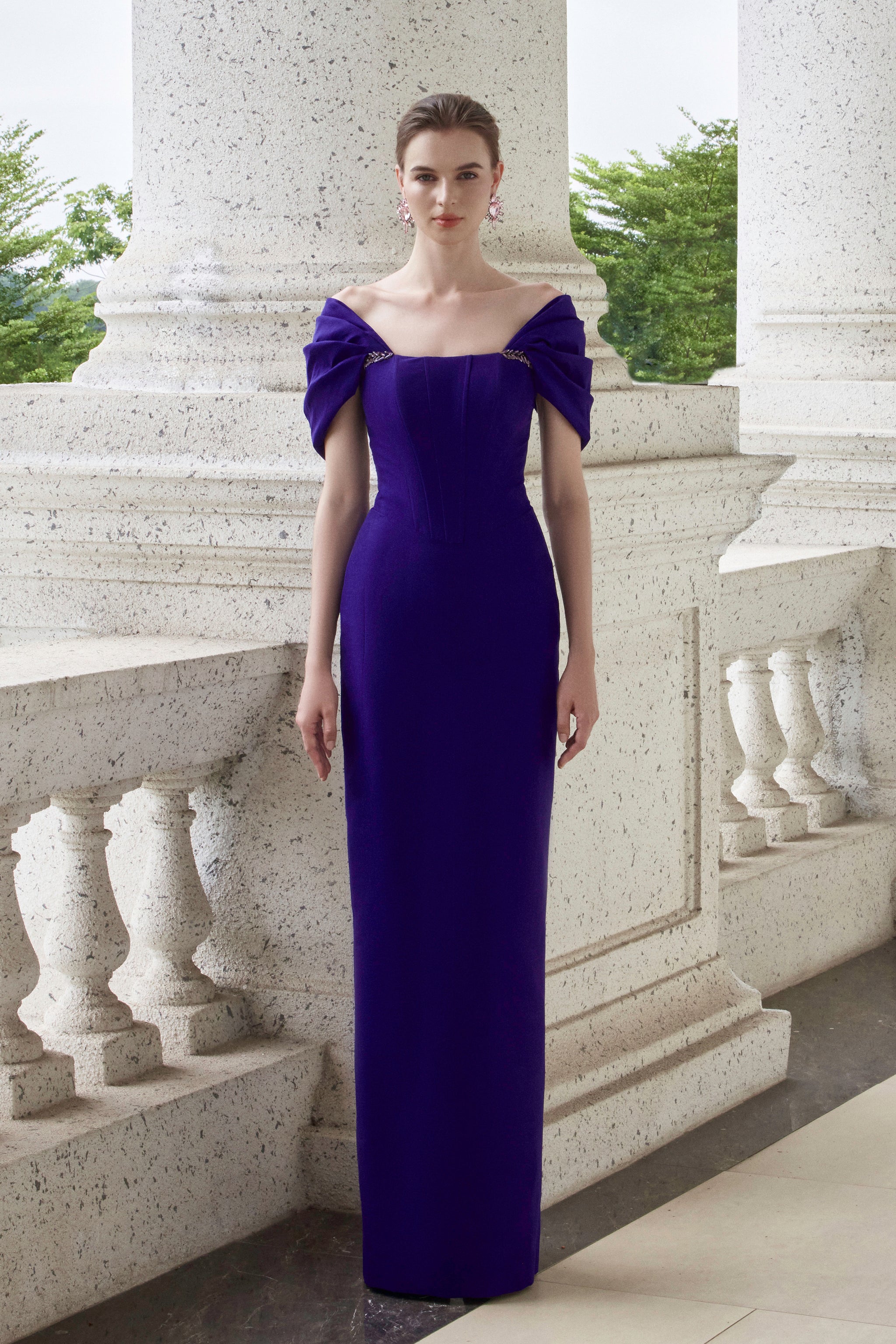 Bustier Dress With Off-Shoulder Sleeves Dark Purple / XL / Taffeta