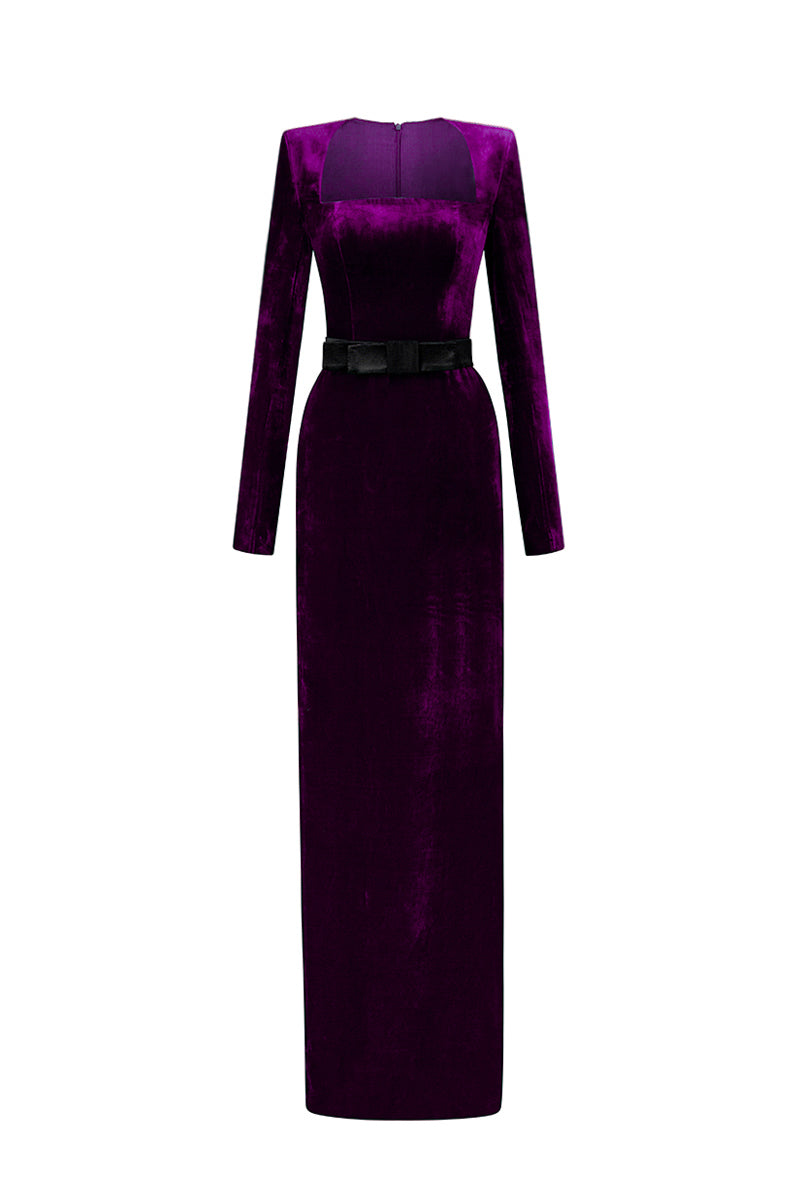 Trapeze Neck Column Gown With Long Sleeves In Dark Purple Grain Velvet