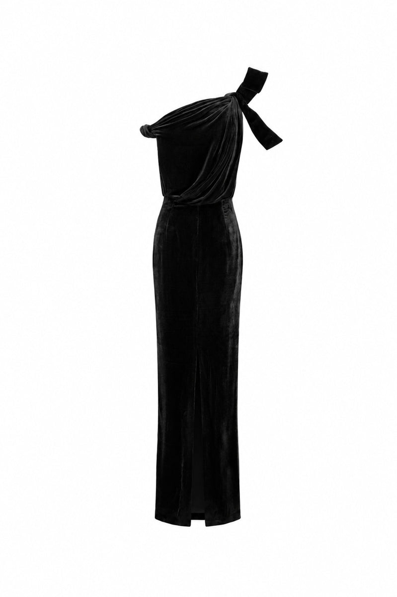 Asymmetric One-Shoulder Column Gown With Flow Drape Detail In Black Velvet