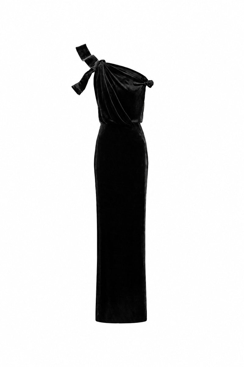 Asymmetric One-Shoulder Column Gown With Flow Drape Detail In Black Velvet