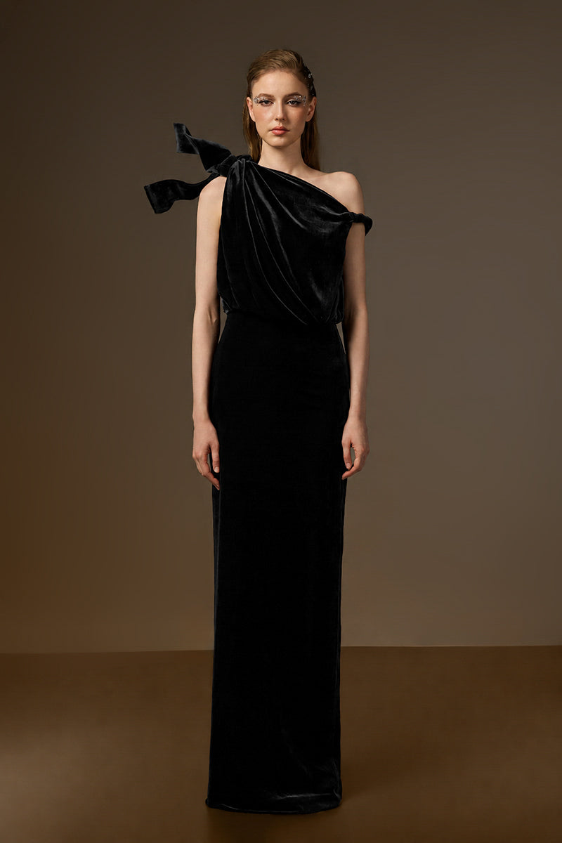 Asymmetric One-Shoulder Column Gown With Flow Drape Detail In Black Velvet