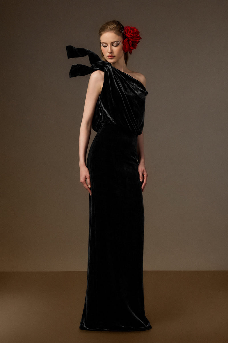 Asymmetric One-Shoulder Column Gown With Flow Drape Detail In Black Velvet