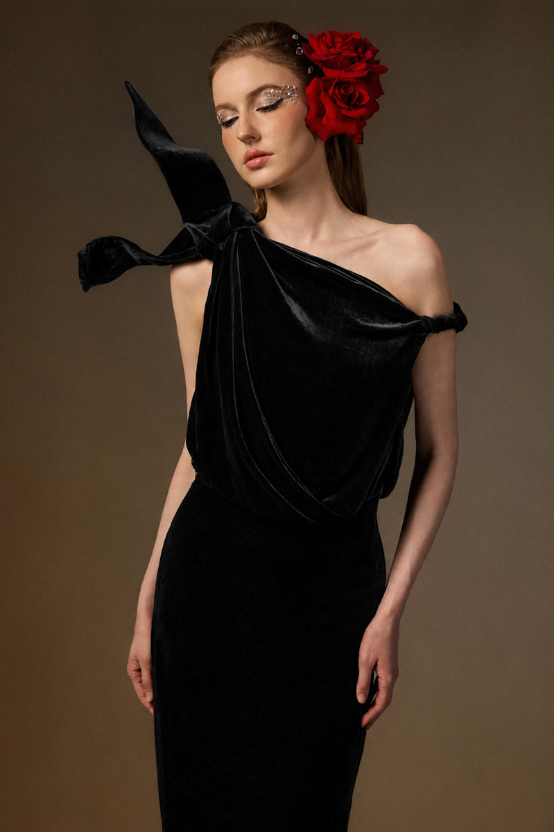 Asymmetric One-Shoulder Column Gown With Flow Drape Detail In Black Velvet