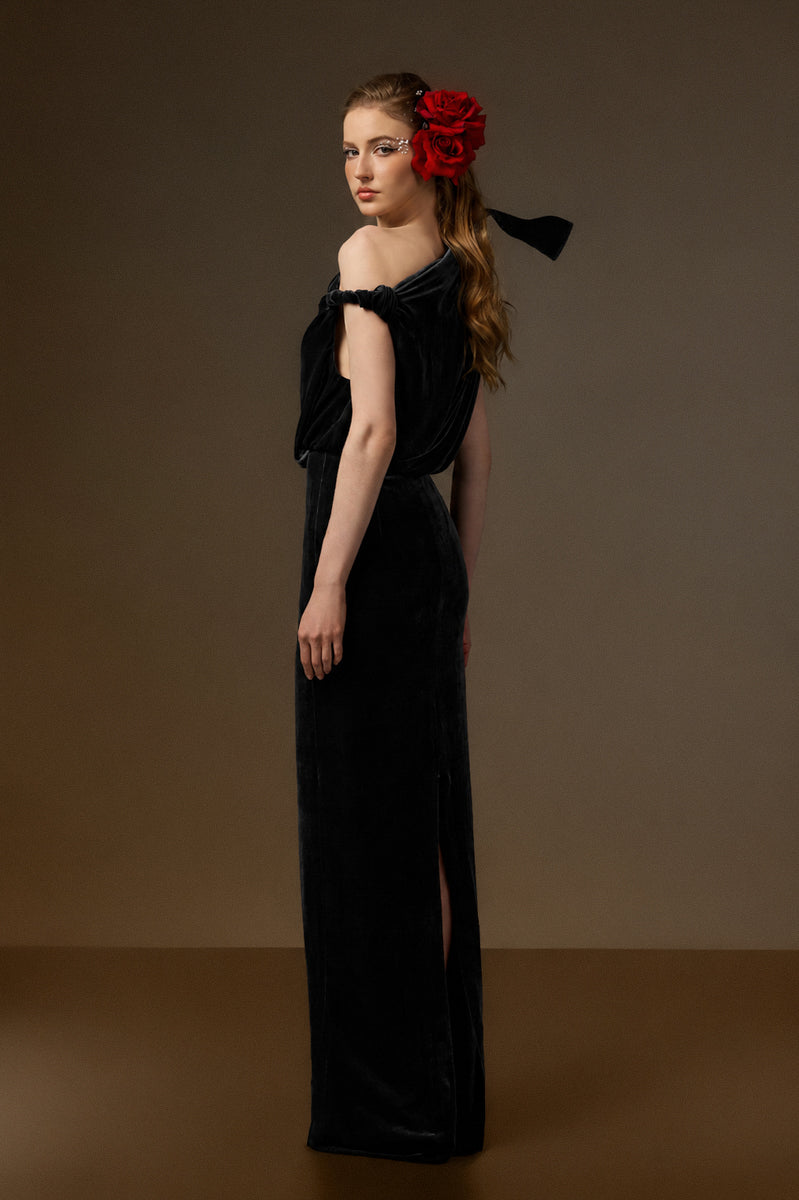 Asymmetric One-Shoulder Column Gown With Flow Drape Detail In Black Velvet