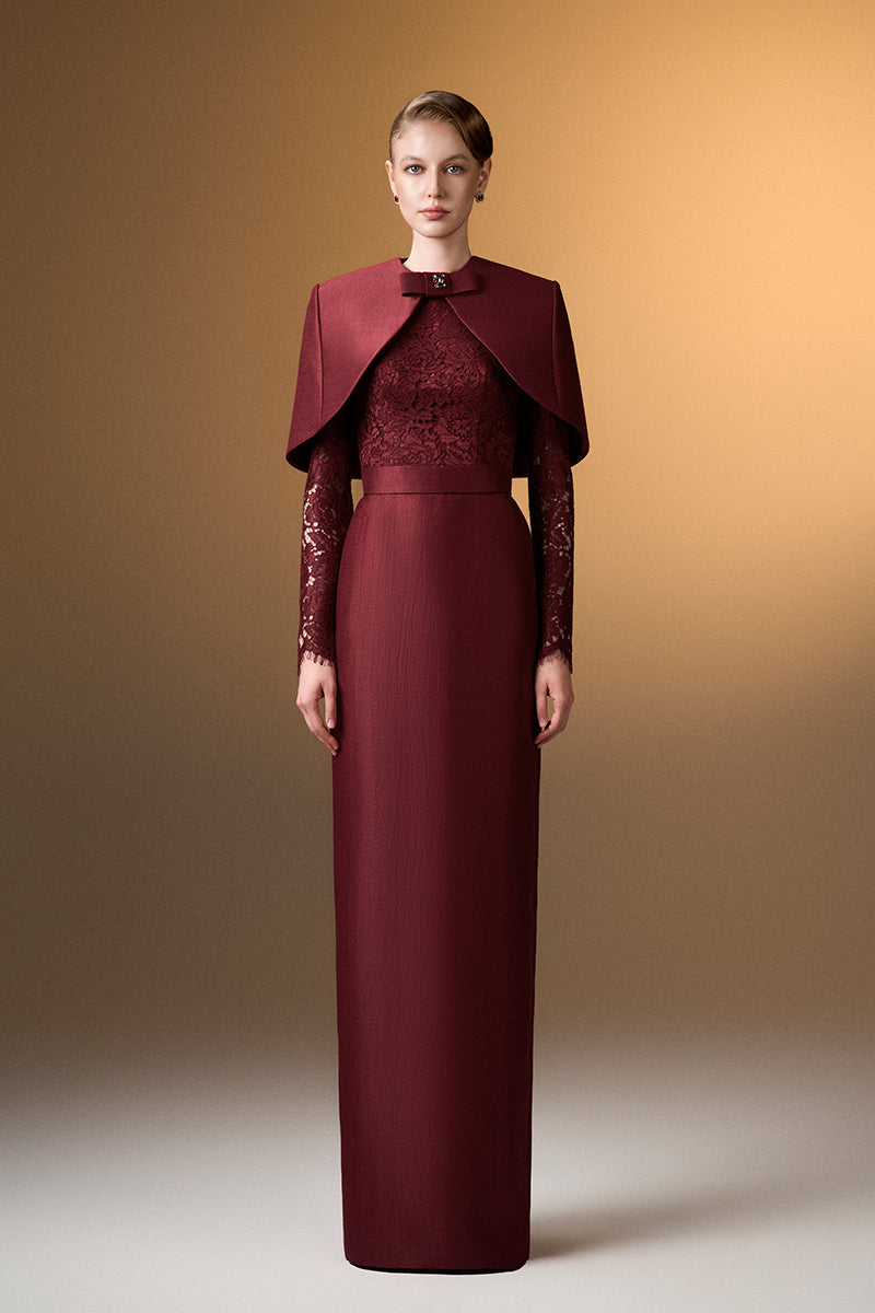 Round Neck Column Gown With With Long Sleeves And Mini Cape In Dark Red Bamboo Taffeta And French Lace