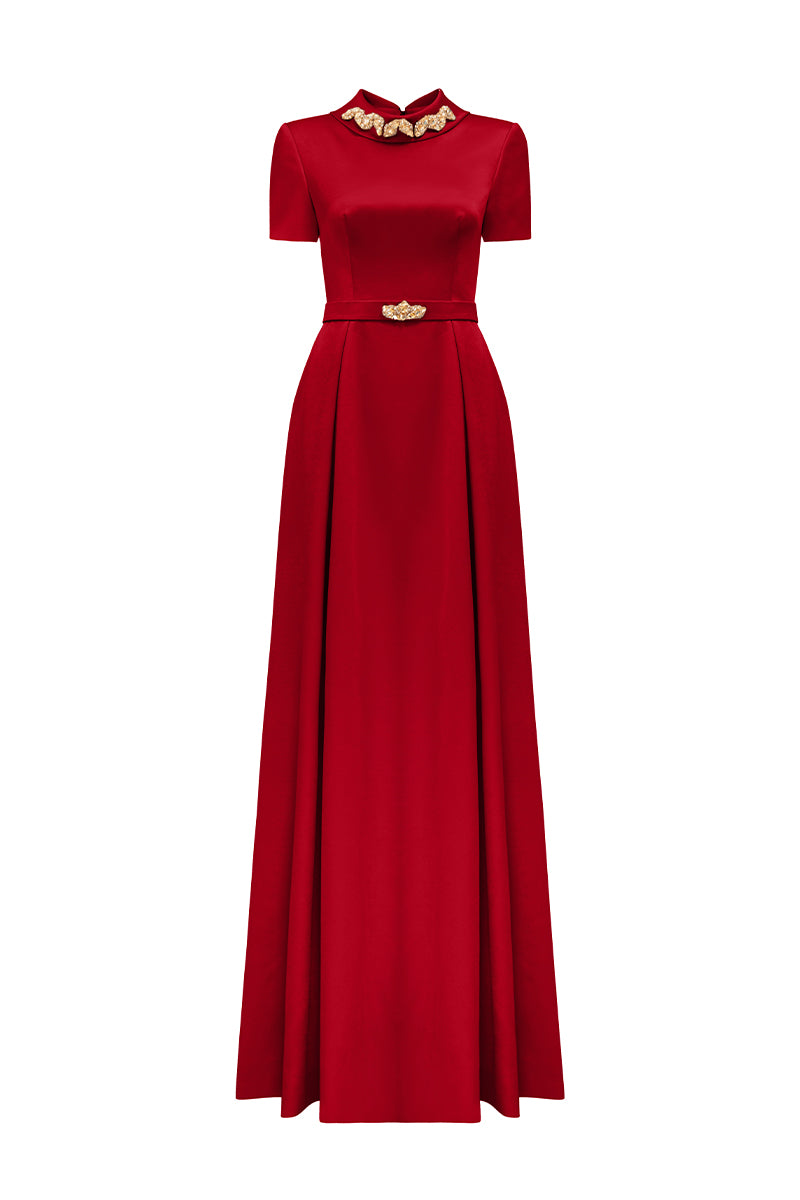 Short Sleeves A-Line Gown With De-Constructed Collar