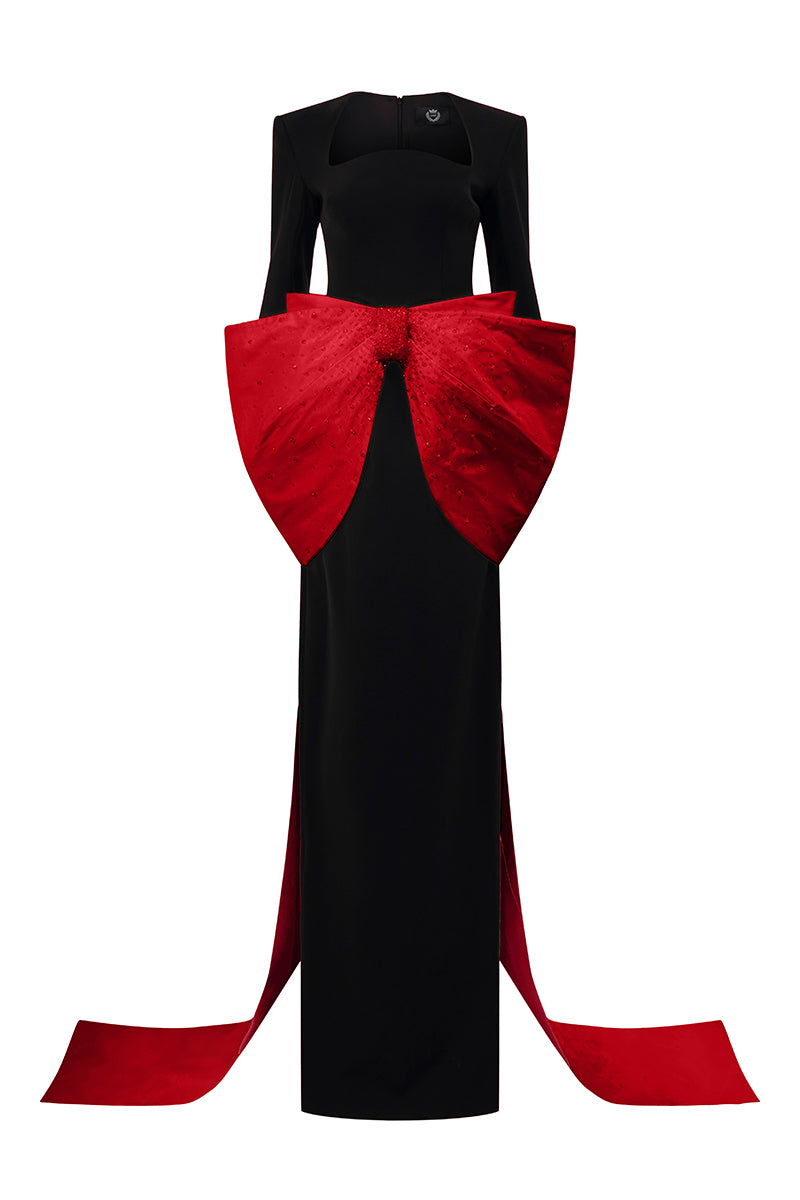 Long Sleeves Column Gown With Trapeze Neckline And Waist Bow