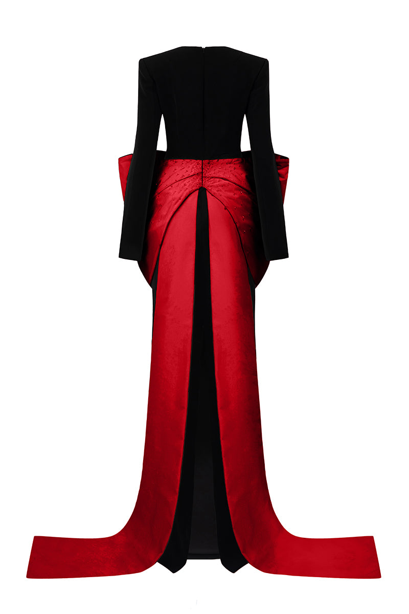 Long Sleeves Column Gown With Trapeze Neckline And Waist Bow