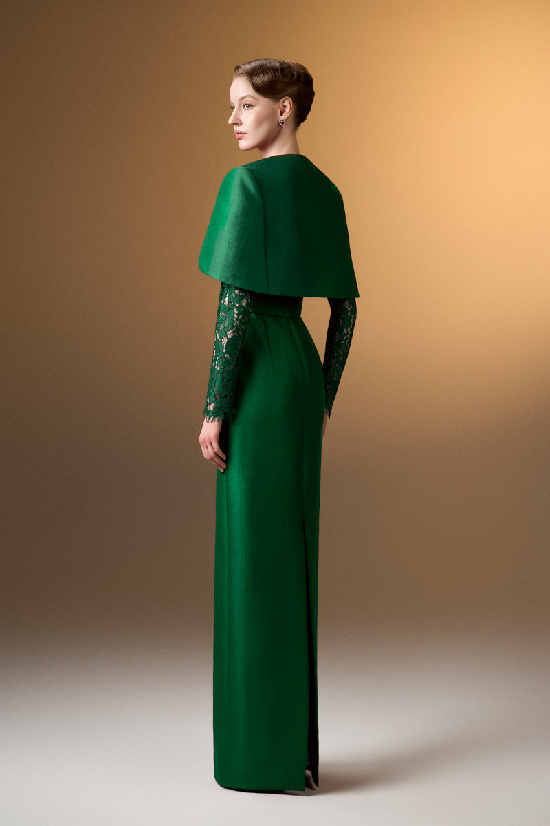 Round Neck Column Gown With With Long Sleeves And Mini Cape In Green Bamboo Taffeta And French Lace