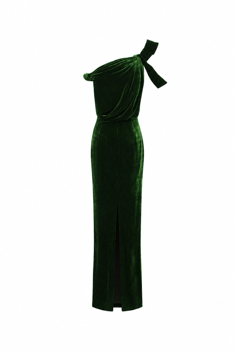 Asymmetric One-Shoulder Column Gown With Flow Drape Detail In Green Velvet