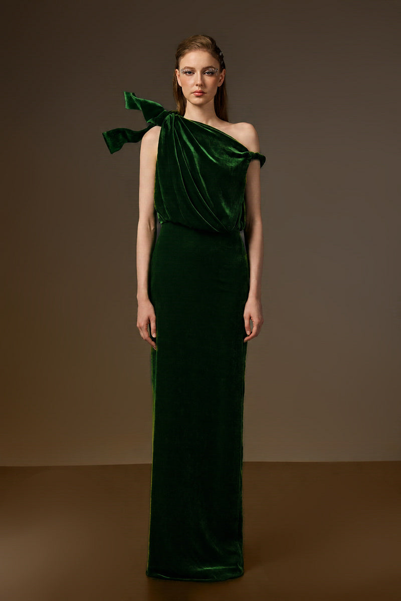 Asymmetric One-Shoulder Column Gown With Flow Drape Detail In Green Velvet