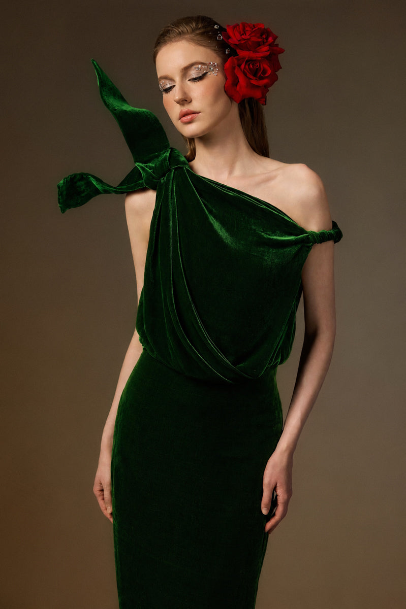 Asymmetric One-Shoulder Column Gown With Flow Drape Detail In Green Velvet
