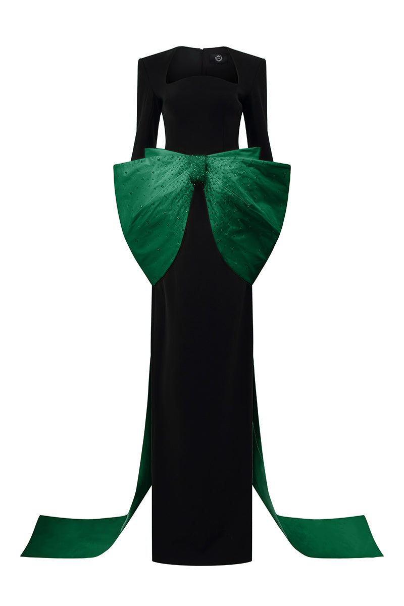 Long Sleeves Column Gown With Trapeze Neckline And Waist Bow