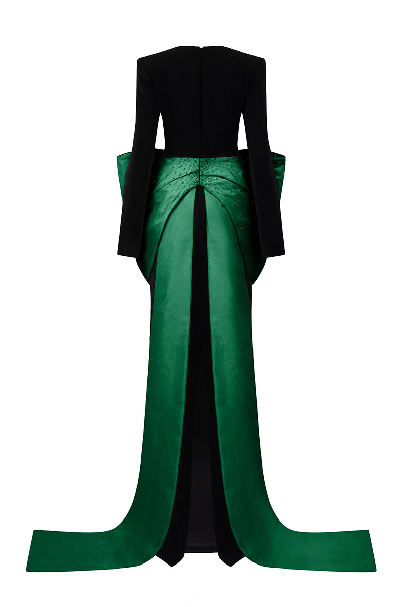 Long Sleeves Column Gown With Trapeze Neckline And Waist Bow