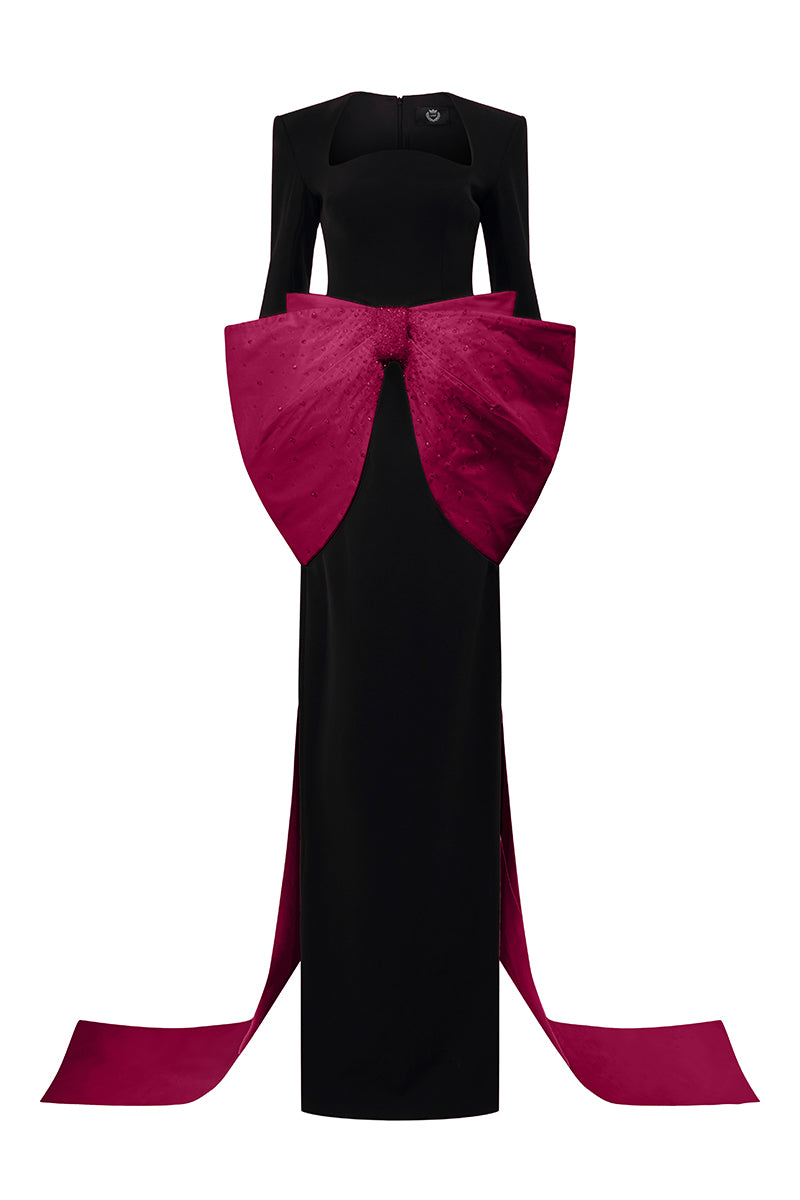 Long Sleeves Column Gown With Trapeze Neckline And Waist Bow