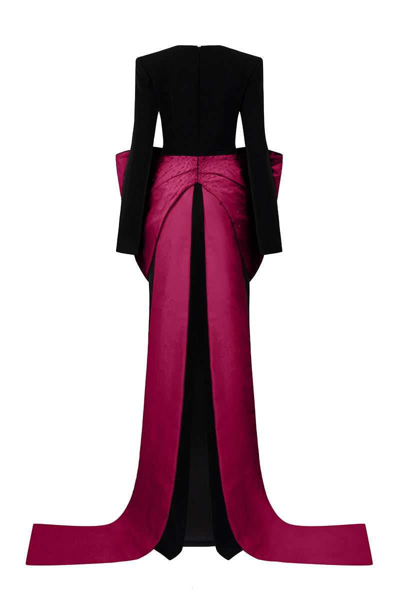 Long Sleeves Column Gown With Trapeze Neckline And Waist Bow