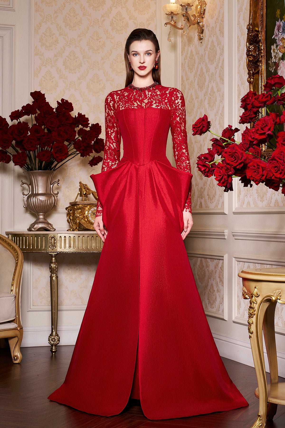 Long Sleeves With Draped Waist Gown