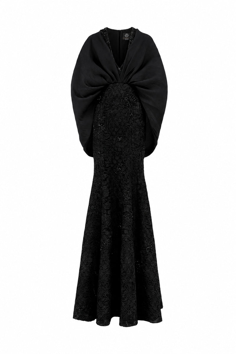 V Neck Mermaid Gown With Hooded Cape In Bloom Rose Lace & Organza