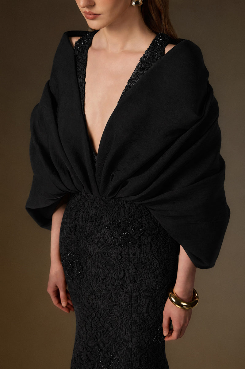 V Neck Mermaid Gown With Hooded Cape In Bloom Rose Lace & Organza