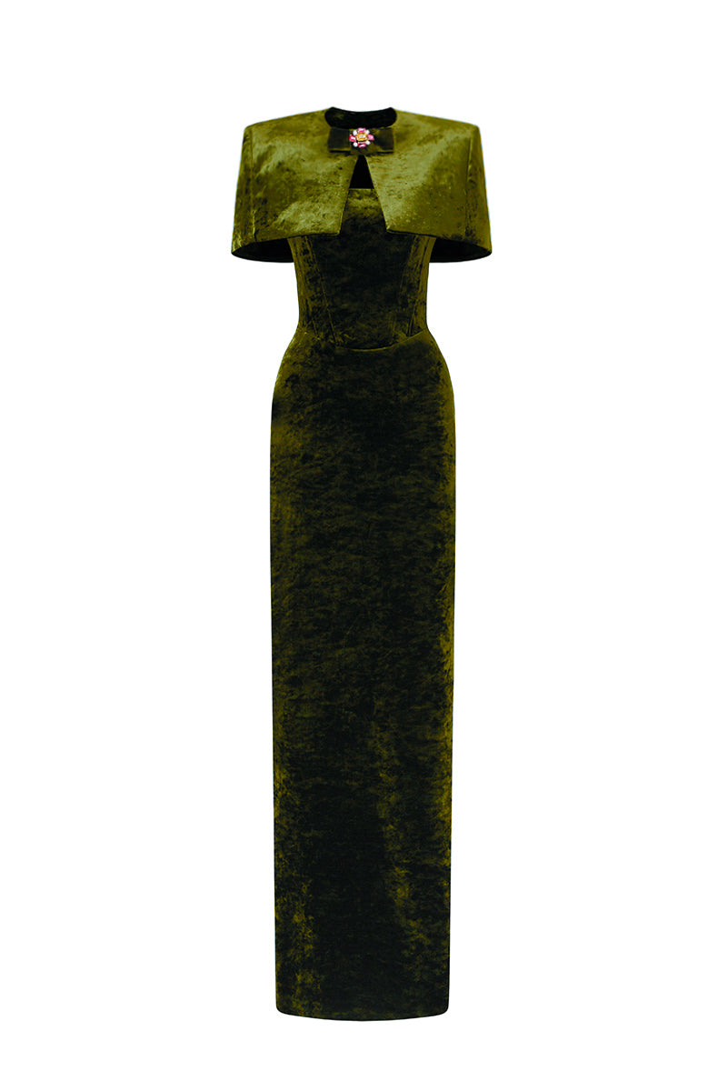 Strapless Column Gown With Mini Cape In Green Grain Velvet