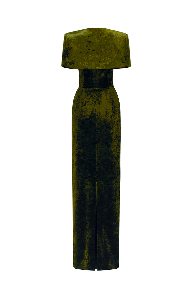Strapless Column Gown With Mini Cape In Green Grain Velvet