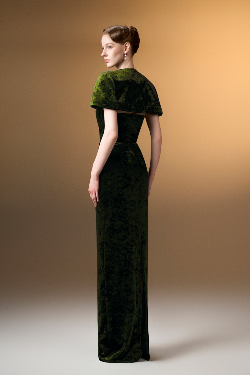 Strapless Column Gown With Mini Cape In Green Grain Velvet